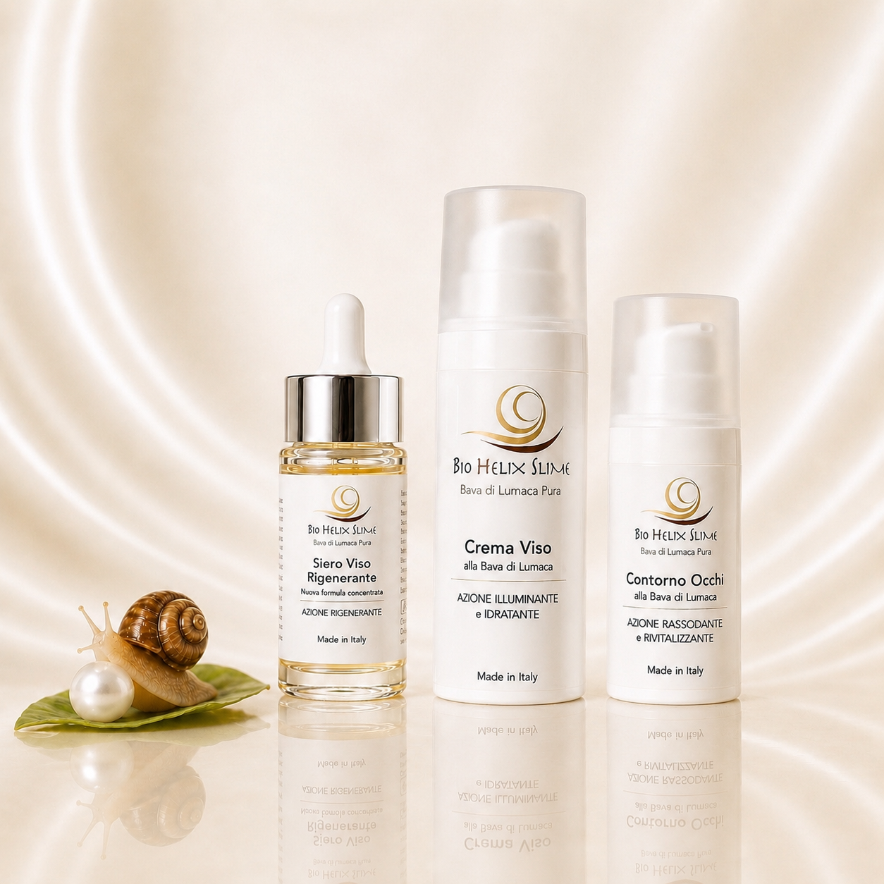 Bio Helix Slime 25+ Glow Start Hautpflege-Set mit regenerierendem Schneckenschleim-Serum 30 ml, Augencreme 30 ml und aufhellender Gesichtscreme.