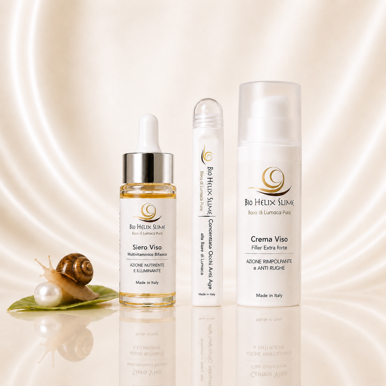 Bio Helix Slime 50+ Intensive Renewal Hautpflege-Set mit regenerierendem Schneckenschleim-Serum, intensiv pflegender Gesichtscreme und Anti-Age Augenkonzentrat.